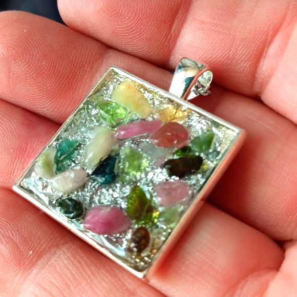 Rainbow Tourmaline Resin Pendant Necklace - Picture 3 of 4